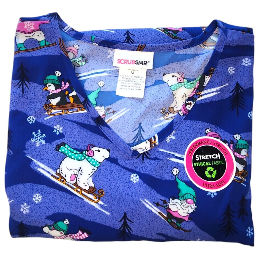 Scrubstar Winter Chillin Scrub Top Womens Size Medium Performance Stretch NWT